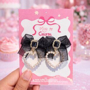 Black Bow Pearl Heart Earrings | Coquette Gothic Girly Statement Jewelry